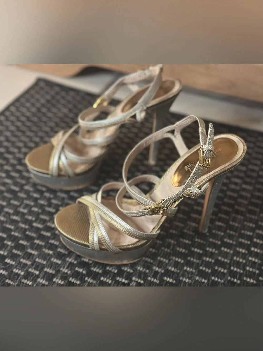 Michael Kors “Cicely” Silver & Gold Leather Strappy Platform Stiletto Heels